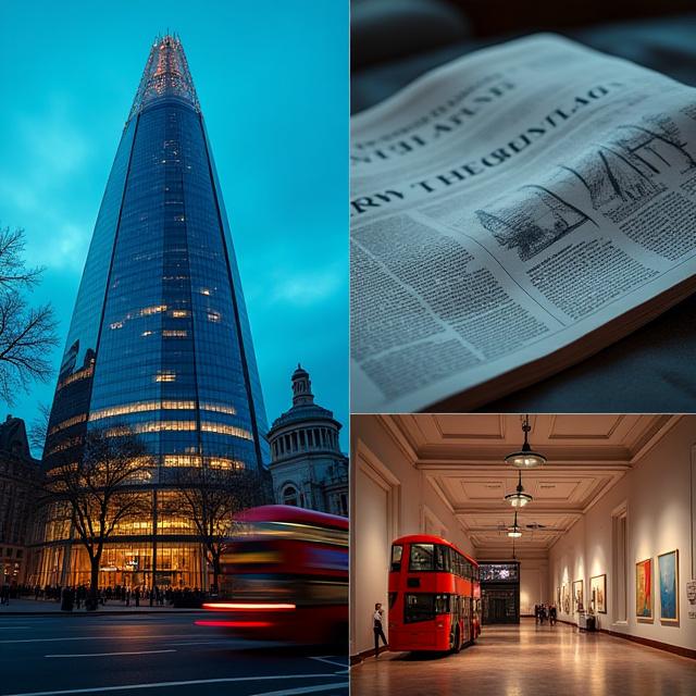 A sophisticated collage of iconic London landmarks and British cultural symbols like tea and galleries
